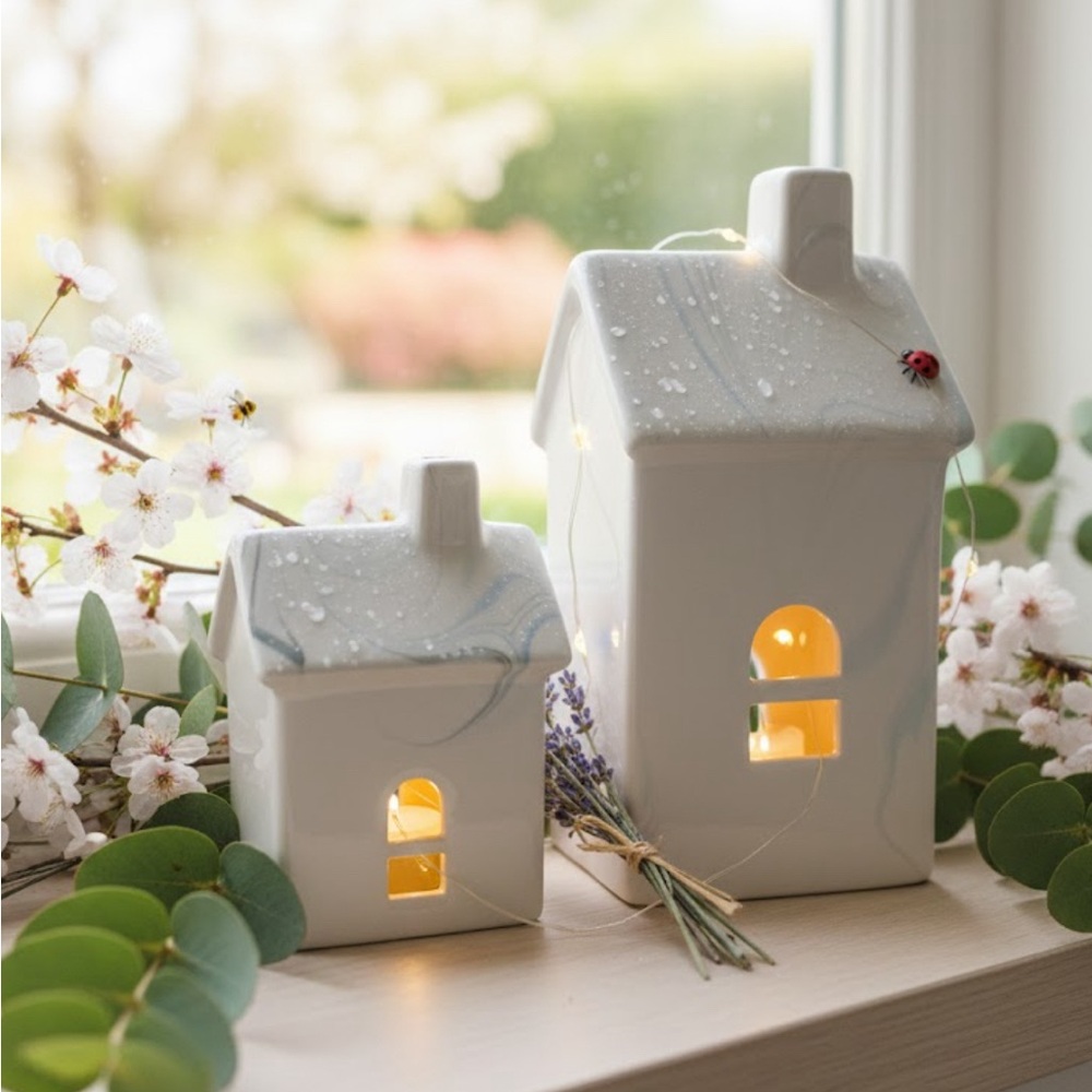 Charming White Ceramic House Lantern Set